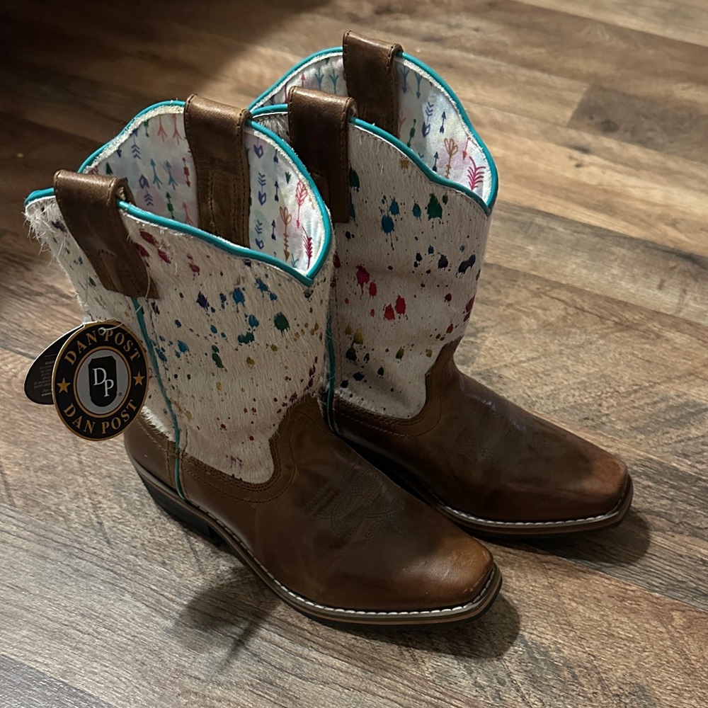Dan Post Brown Leather Kids Western Boots with Cream Multi-Color Splash